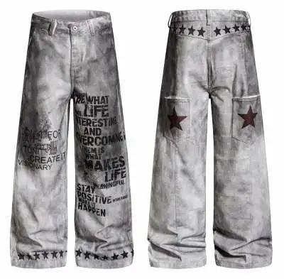 

Y2K men Jeans vintage American Pattern letter jeans streetwear gothic Harajuku Hip Hop men women Fashion Casual wide leg jeans