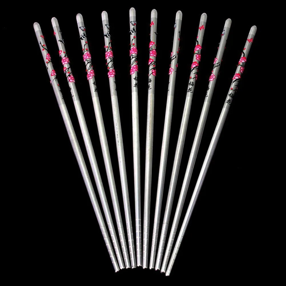 

5Pairs Plum Blossom Printed Stainless Steel Chopsticks 23Cm Silver Modern Elegant Pattern Strong Corrosion Resistant Tableware