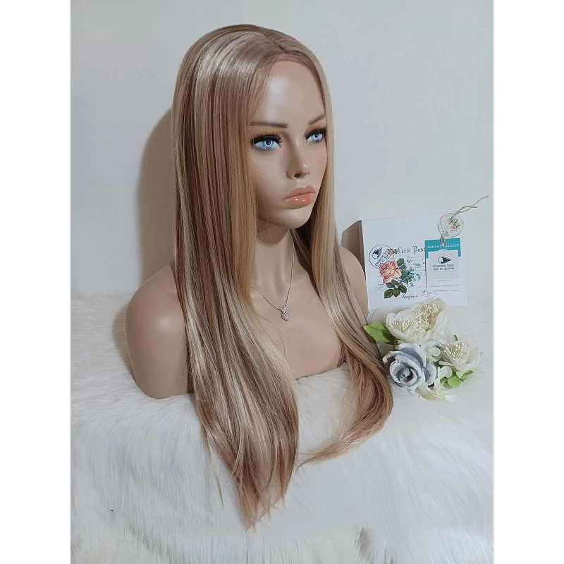 Wig rambut sintetik kualitas tinggi rambut sintetis Lace Light Blonde Balayage Wig lurus serat sintetik tahan panas akar gelap 26"