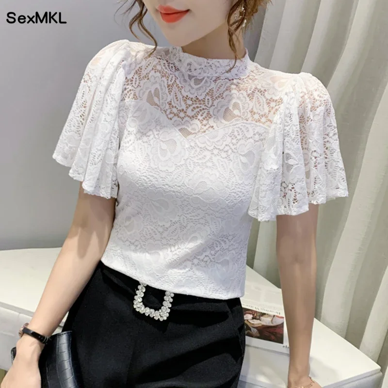 Summer Lace Tops Women 2024 Elegant Fashion Hollow Out Casual Blusas Mujer Korean Style Clothes Flare Sleeve White Black Blouses