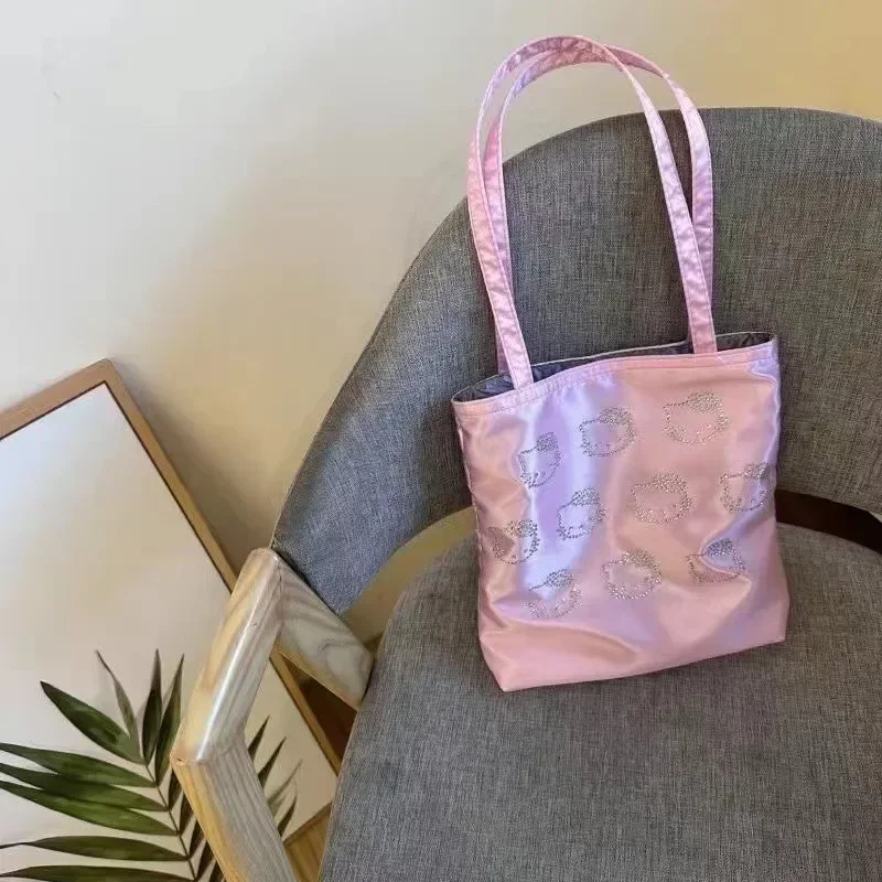 2024 Hello Kitty Hot Diamond Shoulder Bag with Silk Surface Cute and High End Tote Versatile Handheld for Girls Large Capacity