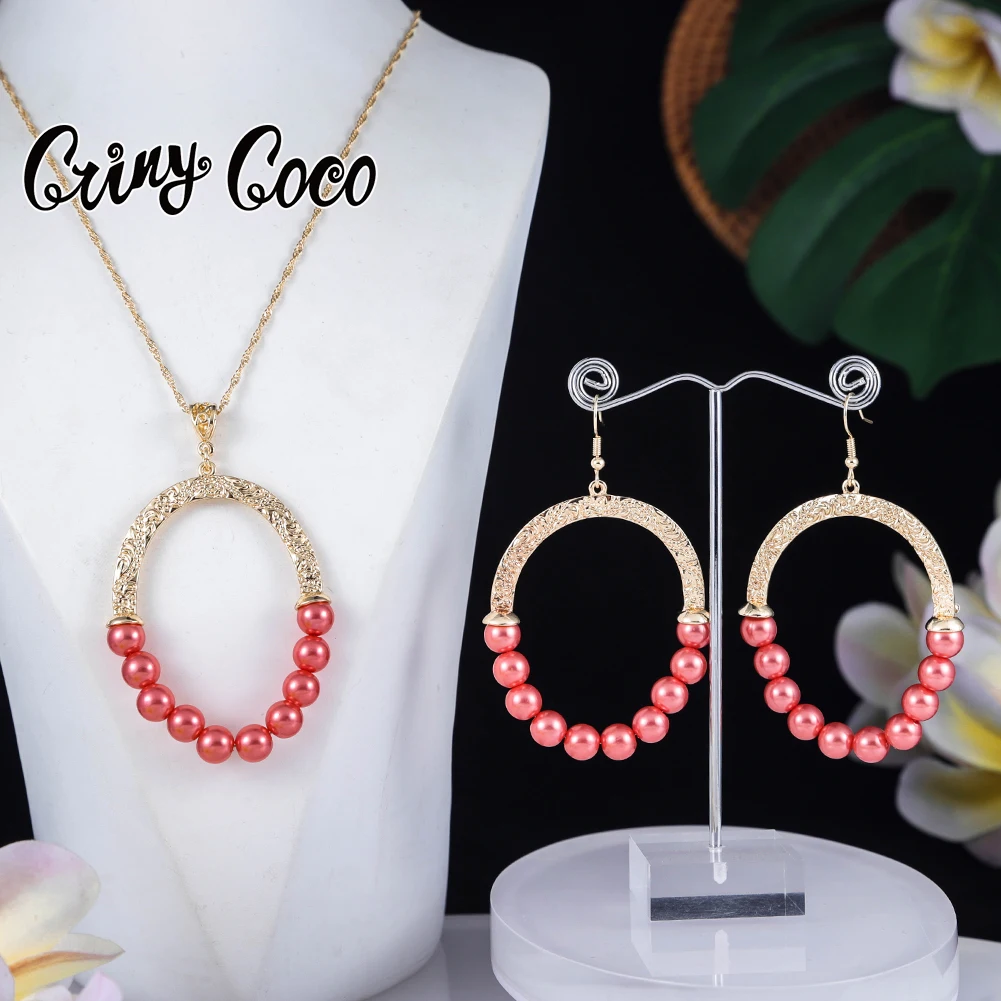 Cring Coco Hawaiian Half Pearl Chain Half Gold Plated Zinc Alloy Jewelry Set Polynesian Samoan Earrings For Women Holiday Gifts