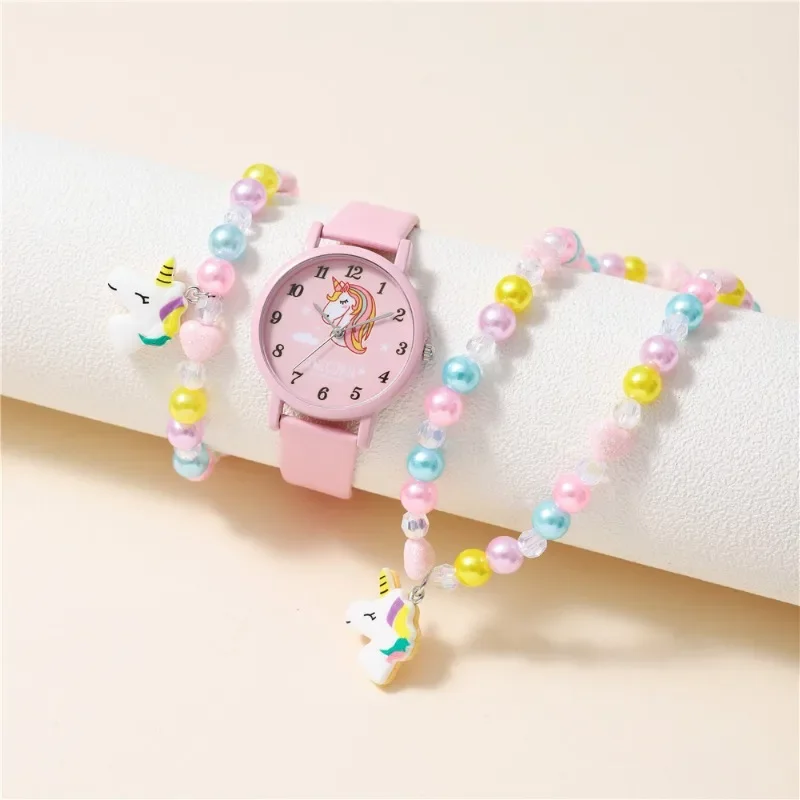 Jam tangan anak perempuan kartun Unicorn 2pcs jam tangan anak perempuan anak-anak siswa pesta ulang tahun Natal kulit PU jam tangan hadiah Детское