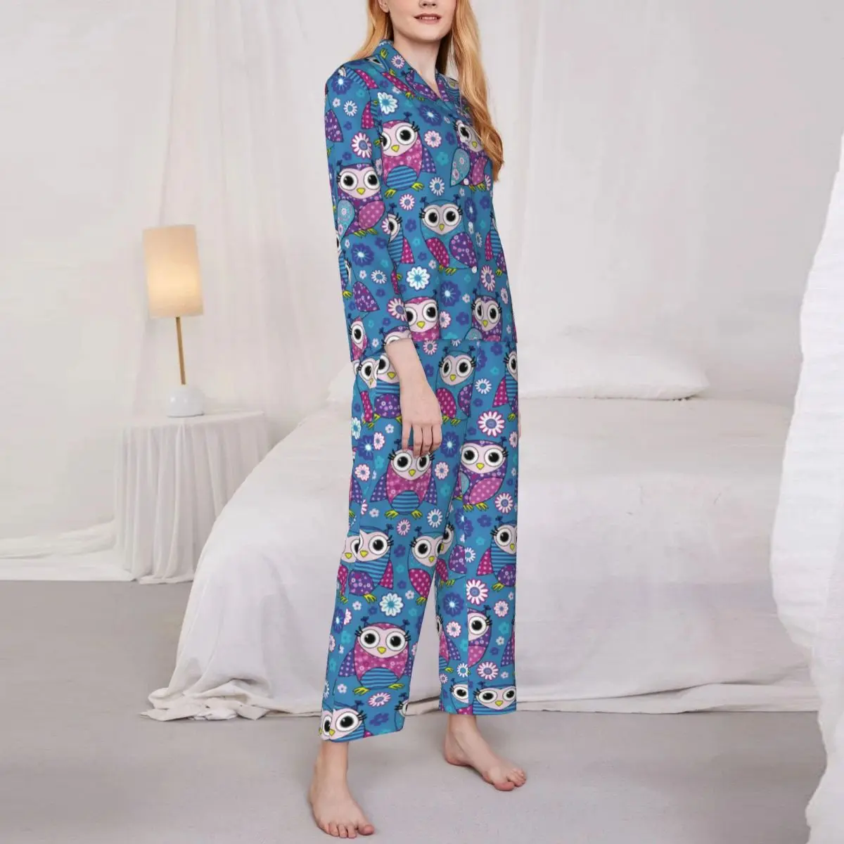 Multicolored Owl Pajama Sets Autumn Cute Animal Print Trendy Sleep Sleepwear Woman 2 Piece Casual Oversized Design Nightwear