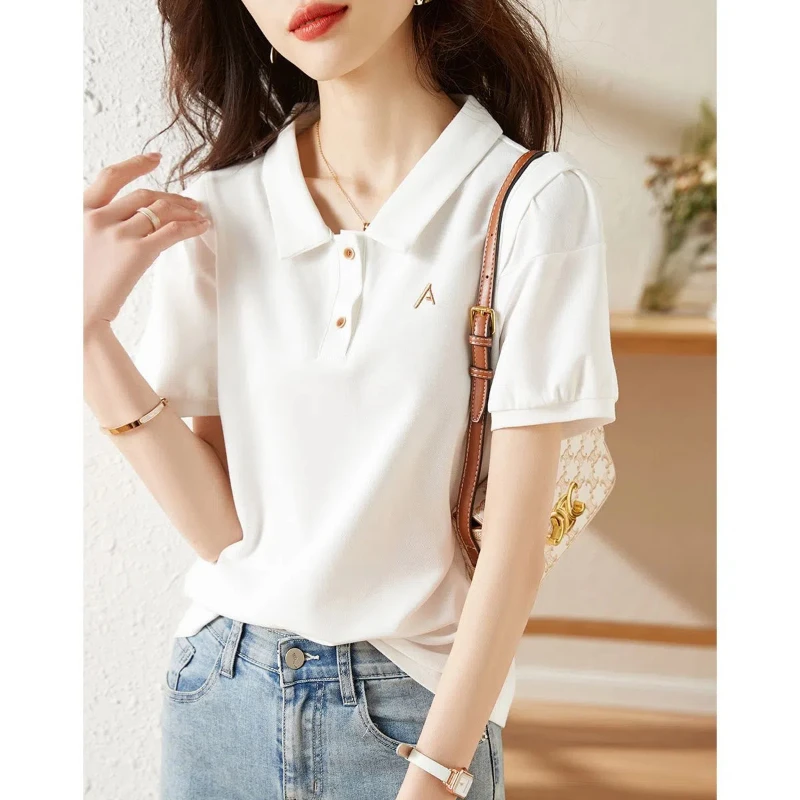 

Korean Women's 2024 New Summer Patchwork Polo Collar Button Letter Fashion Solid All-match Casual Short Sleeved T-shirt Tops