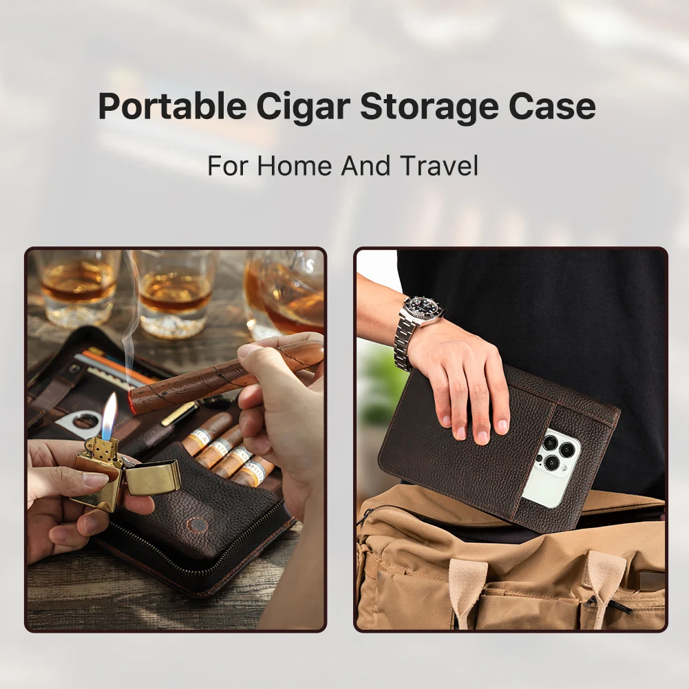 Contact\'s Family Leather Cigar Case With Lighter Cutter Pocket Travel Portable Humidor Box Cigars Accessories Handbag Men Gift