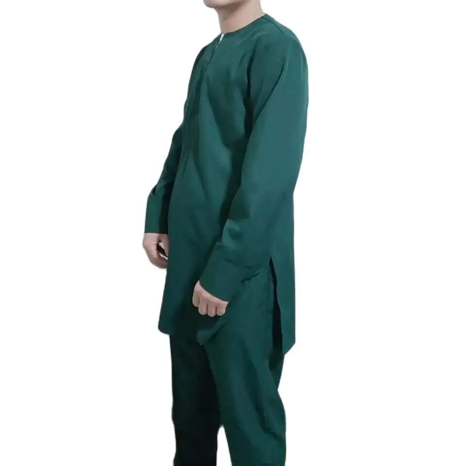Naija Tailored Solid Groom Suit Long Sleeves Men\'s Sets Zipper Fly Tops+Elastic Waist Trousers Blackish Green Shirts Patch Pants
