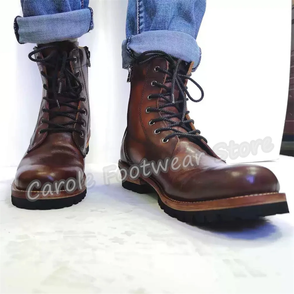 Retro Genuine Leather High Top Lace-Up Ankle Boots Male Side Zipper Chunky Heel Motorcycle Boots Outside Casual Combat Boots