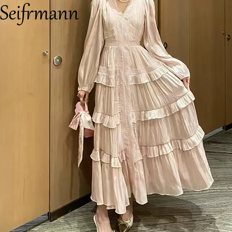 Vestido de noite Seifrmann, vestido feminino de verão 2025 de manga comprida com decote em V com fungo preto em camadas e bordado de renda