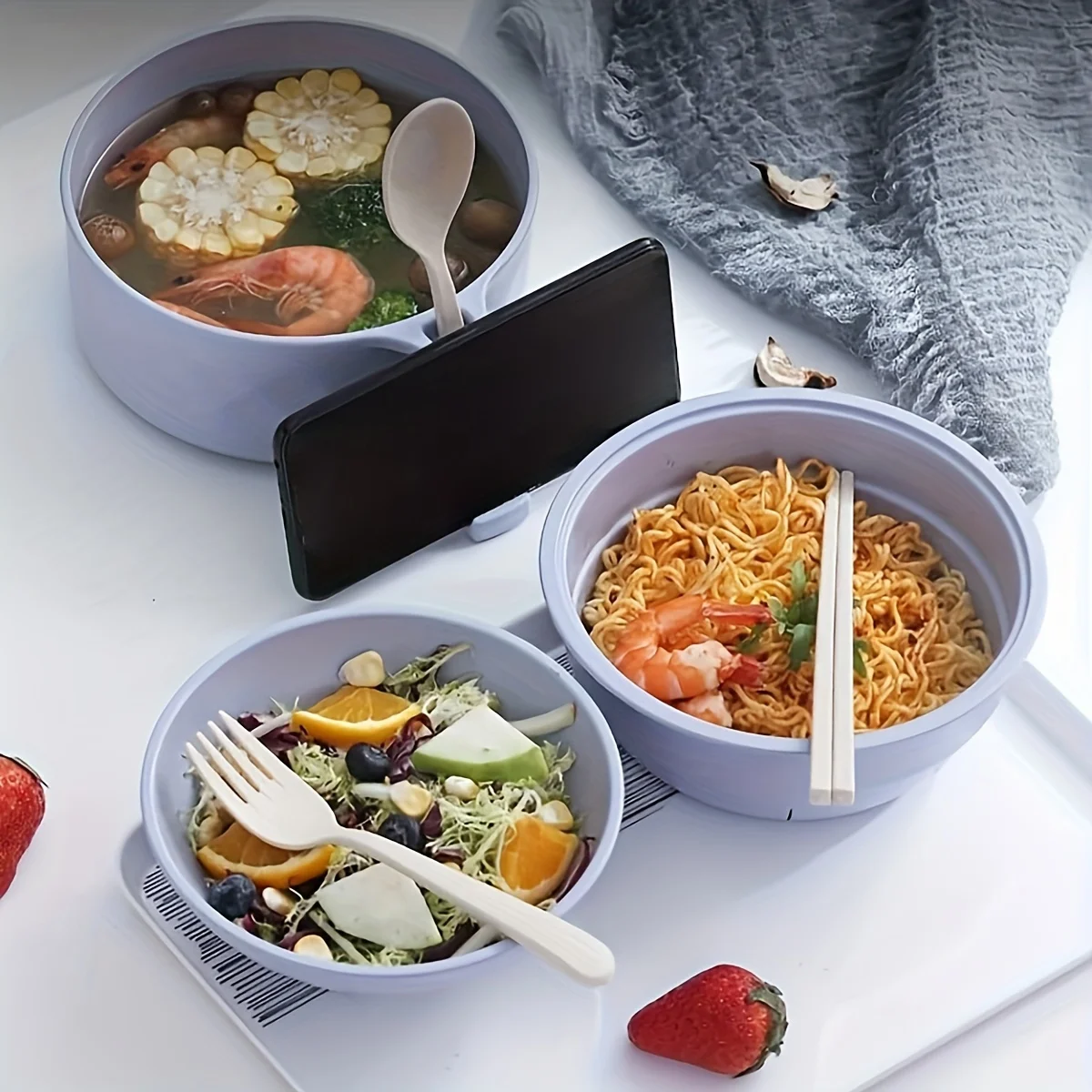 Microwave Ramen Bowl Cooker Set - Wheat Straw Instant Noodles Bowl with Handles, Ramen Noodle Cooker with Spoon Chopsticks Fork