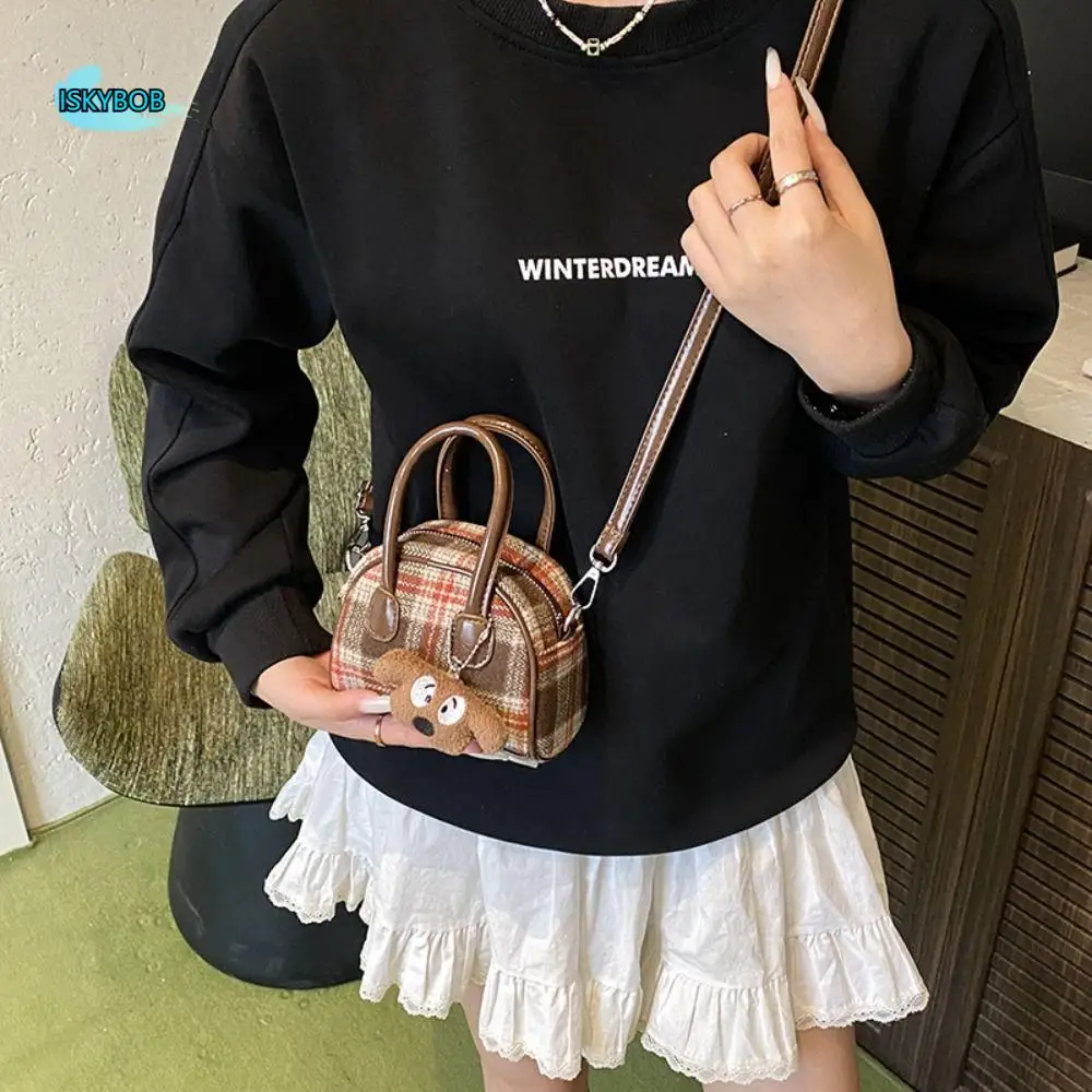 

Vintage French Style Woolen Plaid Bowling Bag Cloth Elegant Boston Shoulder Bag Casual PU Leather Women Handbags Travel