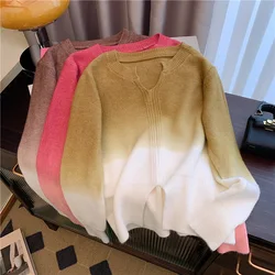 French elegant gradient color V-neck ladies knitted sweater autumn long sleeve gentle fashion pullover short sweater