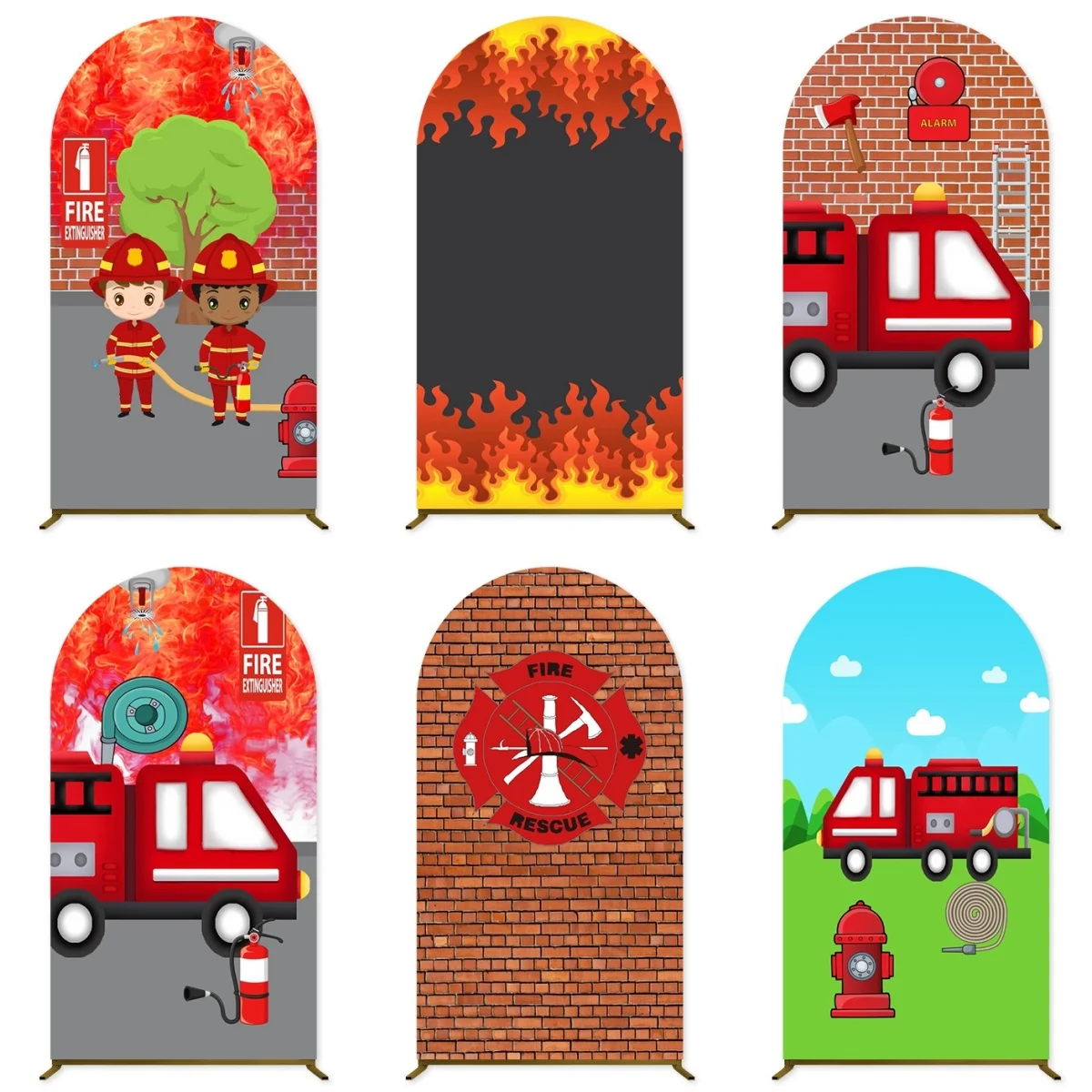 Firefighter Arch Cover Background for Boys Birthday Party Baby Shower Brick Wall Flame Alarm Fire Truck Elastic Arched Backdrop