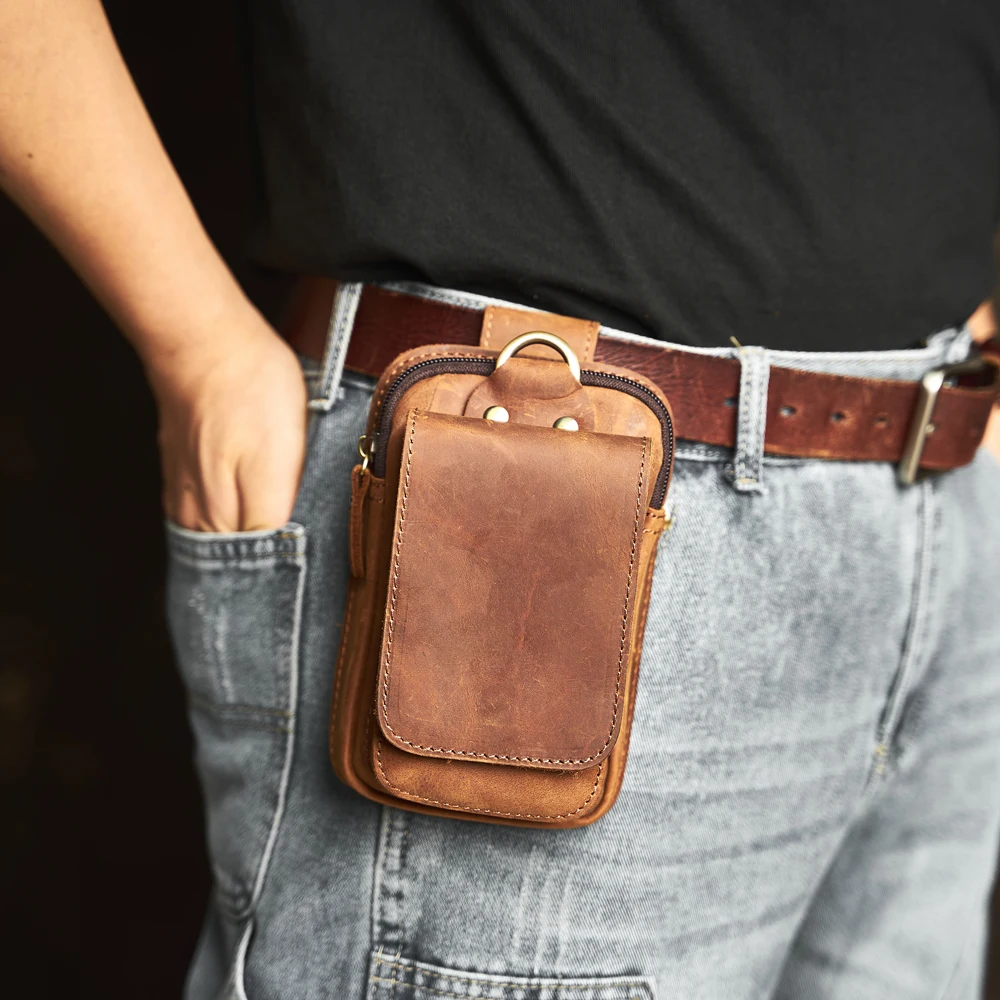 

Genuine Leather Men's Waist Bag Top Layer Cowhide Fashion Hook Bag Leisure Belt Bag Cigarette Box 6.5-inch Mobile Phone Bag