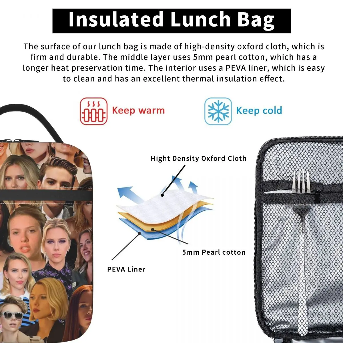 Scarlett Johansson Photo Collage Insulated Lunch Bag for Women Kids Portable Food Boxes Thermal Lunch Box Tote