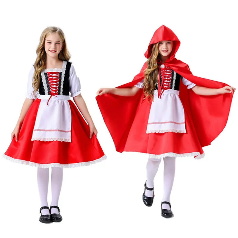 

Christmas Children's Dress Red Cloak Girls Princess Dress With Apron Kids Halloween Party Lace Performance Clothing Girls Suit