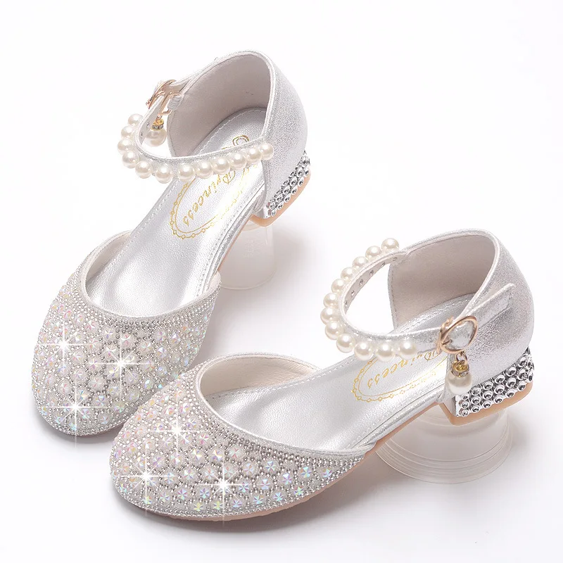 Girls Dress Shoes Children Crystal Pearl High Heels Mary Janes Wedding Party Glitter Princess Dress Shoes Fashion Kids Sandals