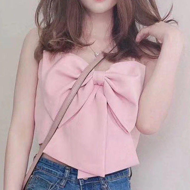 Summer New Solid Color Sleeveless Bow Sexy Sling Women American Style High Street Fashion Y2K Street Nightclub Ventilate Tops
