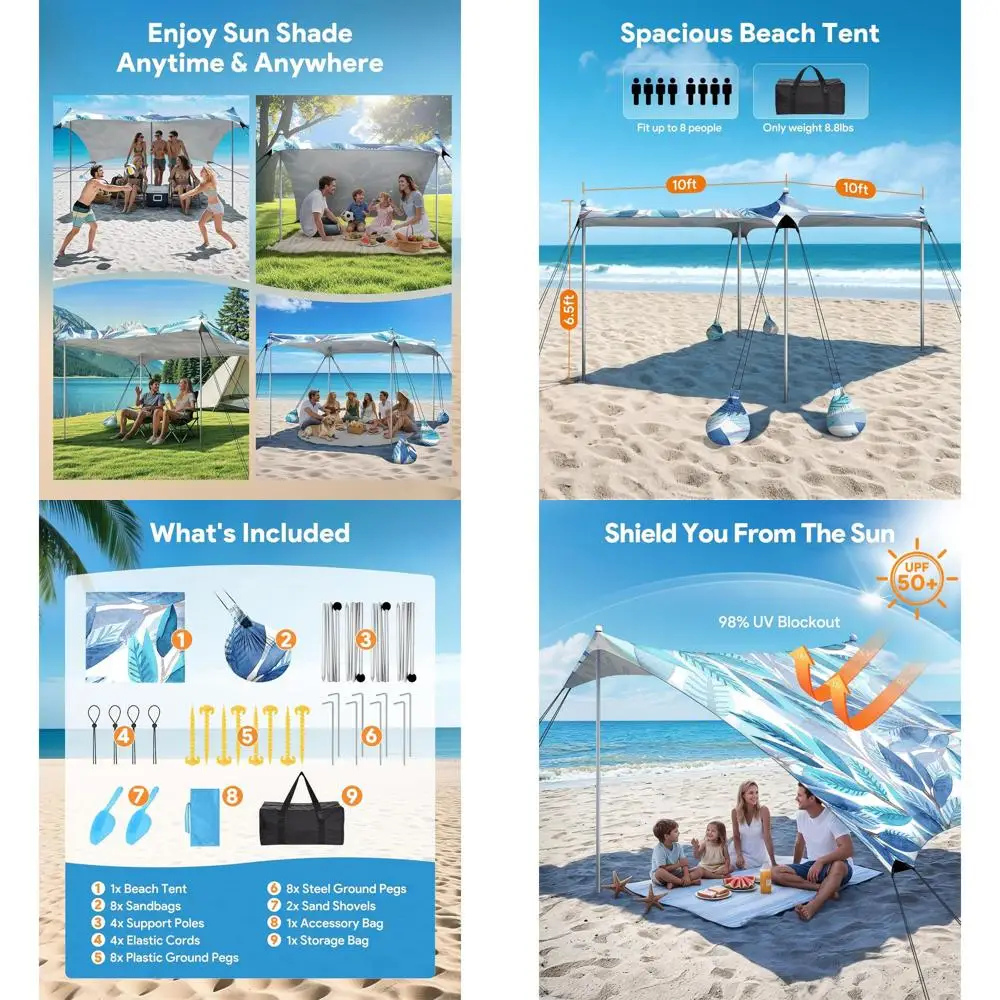 

Водонепроницаемый пляжный тент 3х3 м с защитой от солнца UPF50+, 8 мешками для песка и 4 опорами для активного отдыха на природе