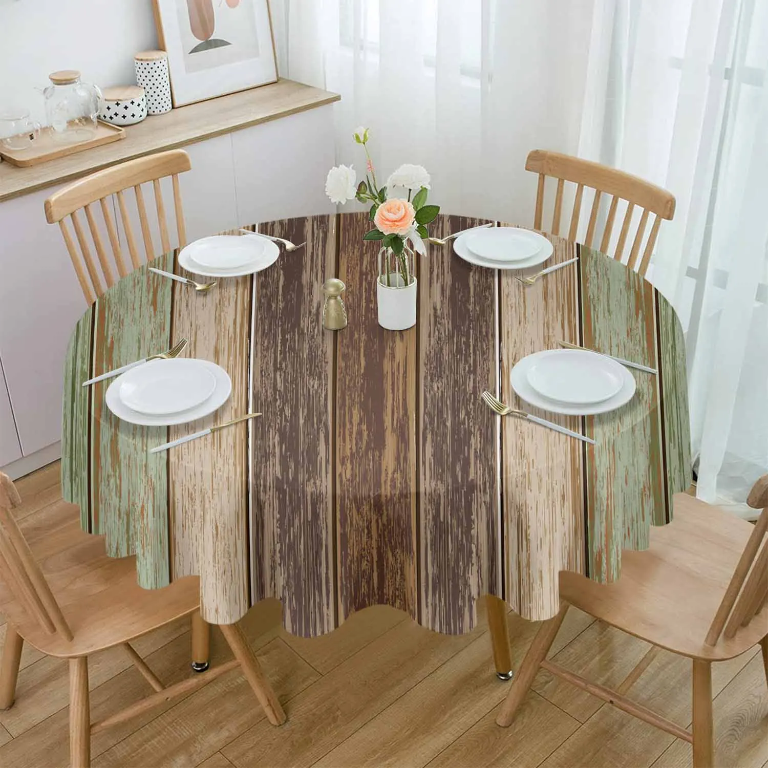 

Sage Green Vintage Wood Grain Round Table Cloth Festival Dining Tablecloth Waterproof Table Cover for Wedding Party Decor