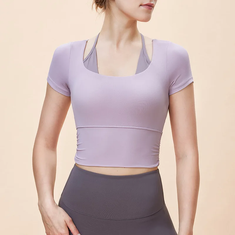 

Women Yoga Shirts With Pad Fake Two Pieces Short Sleeves Sport T-Shirts Slim Running Shirt Wide Hem Gym Fitness Bra Tops Female