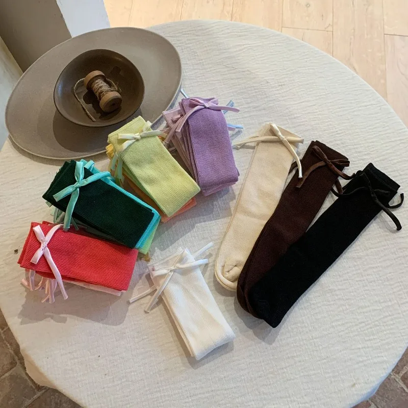 

Kids Girl Knee High Socks Multicolor Bowknot Socks Fashion Vintage Solid Color Long Socks Casual Daily Wear Stockings F832