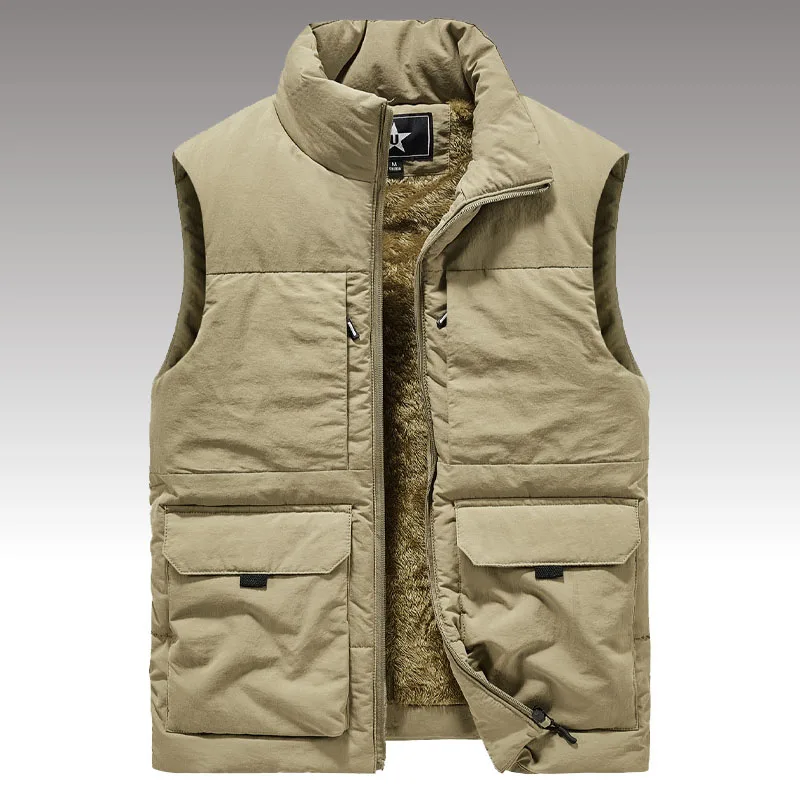 Winter Cargo Vest Thick Fleece Warm Sleeveless Jacket Fashion Solid  Tactical Vests Jackets Male Work Outwear Waistcoat