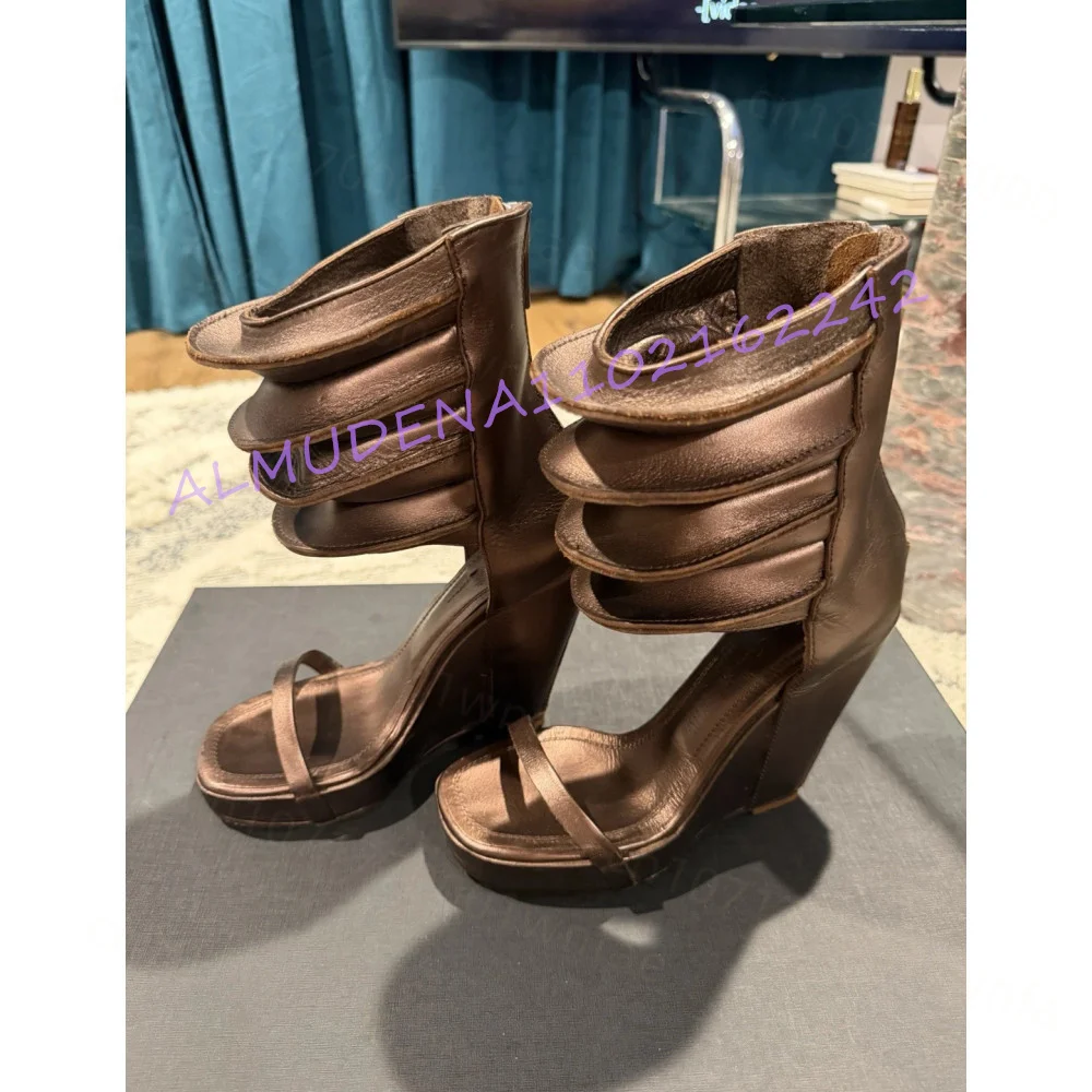 Women Bronze Cutout Ankle Wedge Sandals Pleated Cuff Open Toe Thin Strap Platform Back Zipper Fashion High Heel Dress Shoes 46
