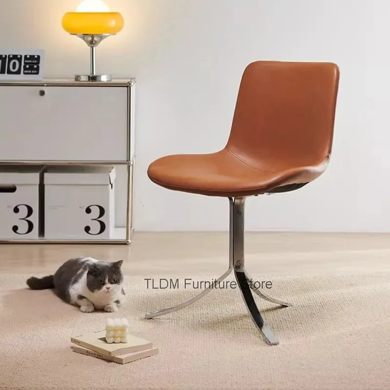 Modern Retro Light Luxury Leather Dining Chair Integrated Seat & Backrest Tri-Leg Base Accent Lounge Chair for Living Room