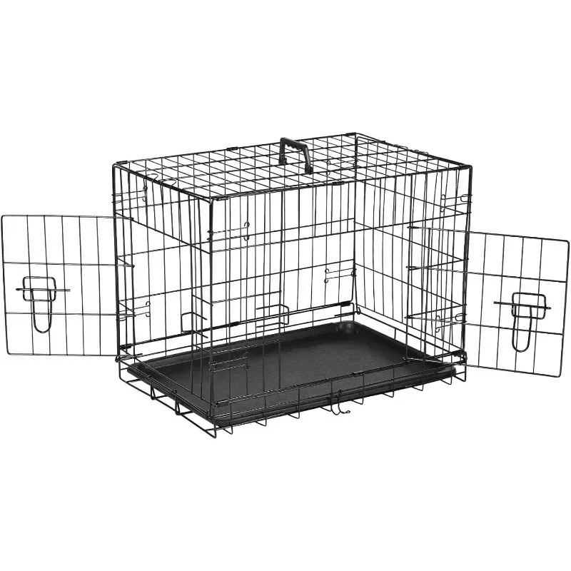 Dog Crate, 24 Inch Small Double Door Dog Cage with Divider Panel and Plastic Leak-Proof Pan Tray, Folding Metal Wire