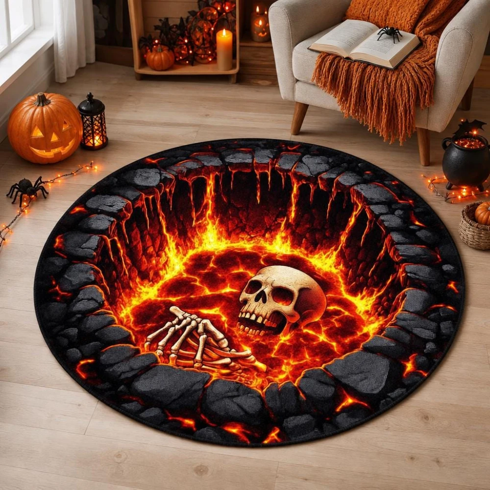 3D-Illusion Totenkopf-Wirbel Runder Teppich Filmraum Horror-Thema Bodenmatte für Wohnzimmer Schlafzimmer Dekoration Teppich Halloween-Geschenk 2D-Druck – Detail 6