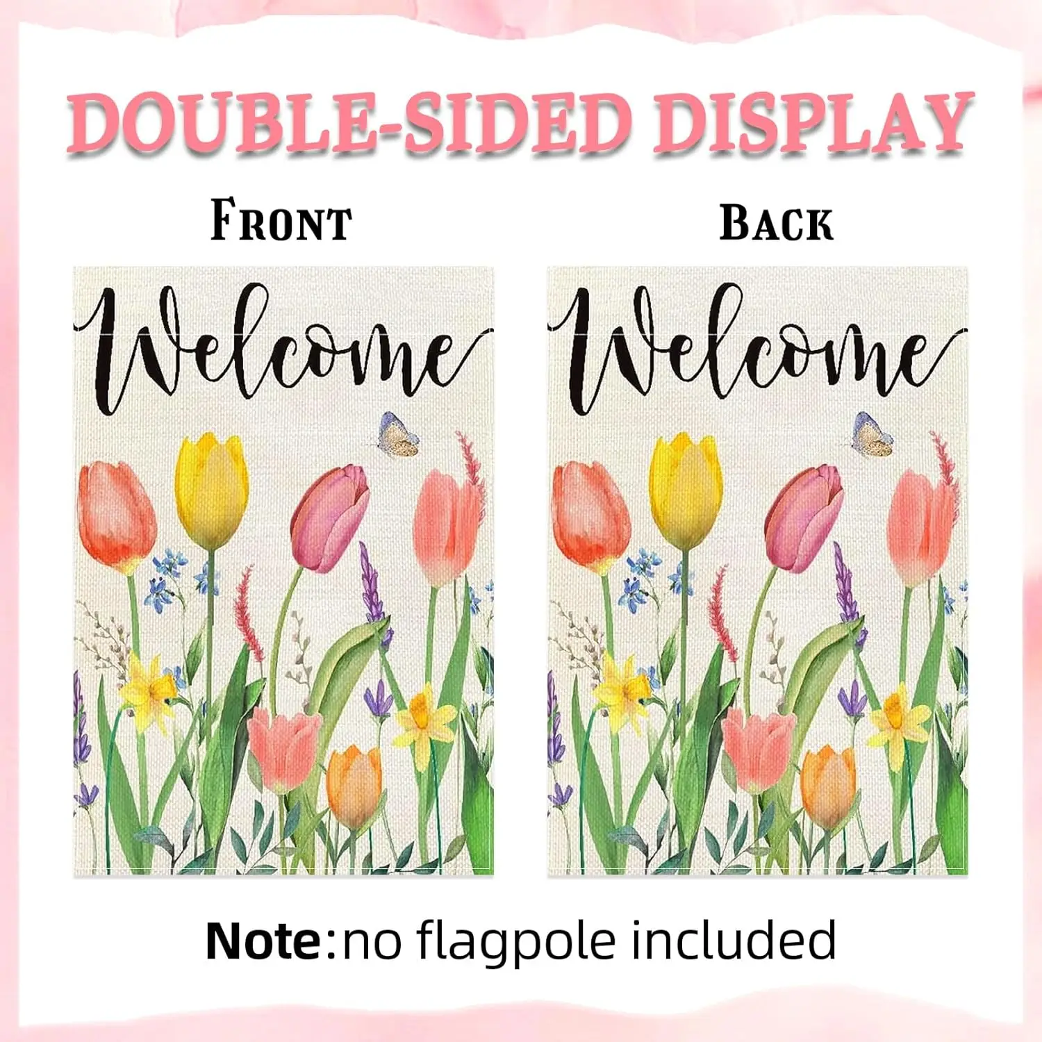 2 Pack Spring Garden Flag Floral 12 x 18 Inch Double Sided Burlap Hello Spring Tulip Lavender Welcome Garden Flag for Holiday Ou