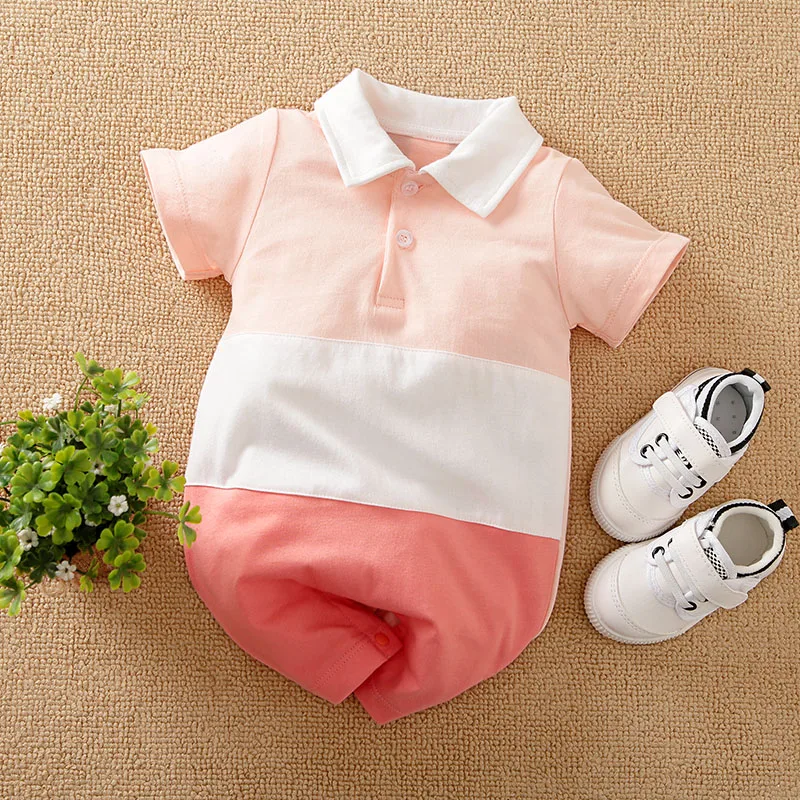 Pink casual stitching Turn-down Collar Baby girls Clothing Summer Fashion Cotton Short sleeves One-Piece High quality Rompers