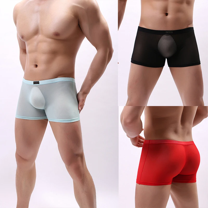 Eur tamanho masculino bulge bolsa boxer malha respirável ultra-fino shorts ver através cuecas cueca homem calcinha transparente