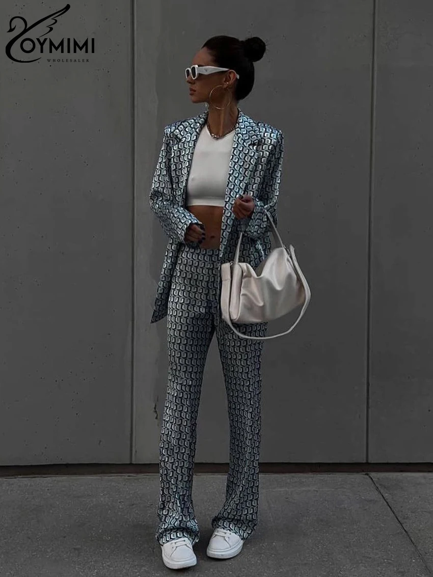 Oymimi moda z długim rękawem Top 2 częściowy strój zestaw Vintage luźne spodnie z wysokim stanem zestawy eleganckie damskie spodnie biurowe damskie