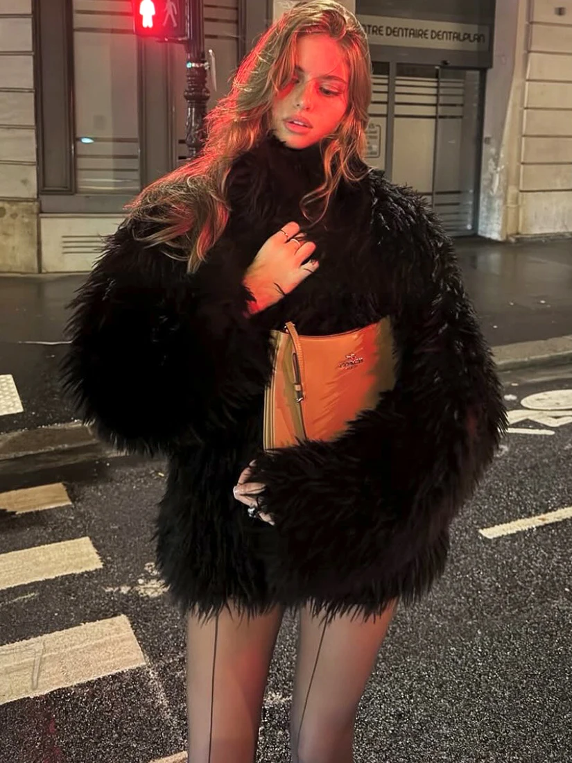 Sisjuly Street Style Warm Furry Short Coat Long Sleeve Women's Fashionable Winter Outerwear Pure Black Trendy Outerwear