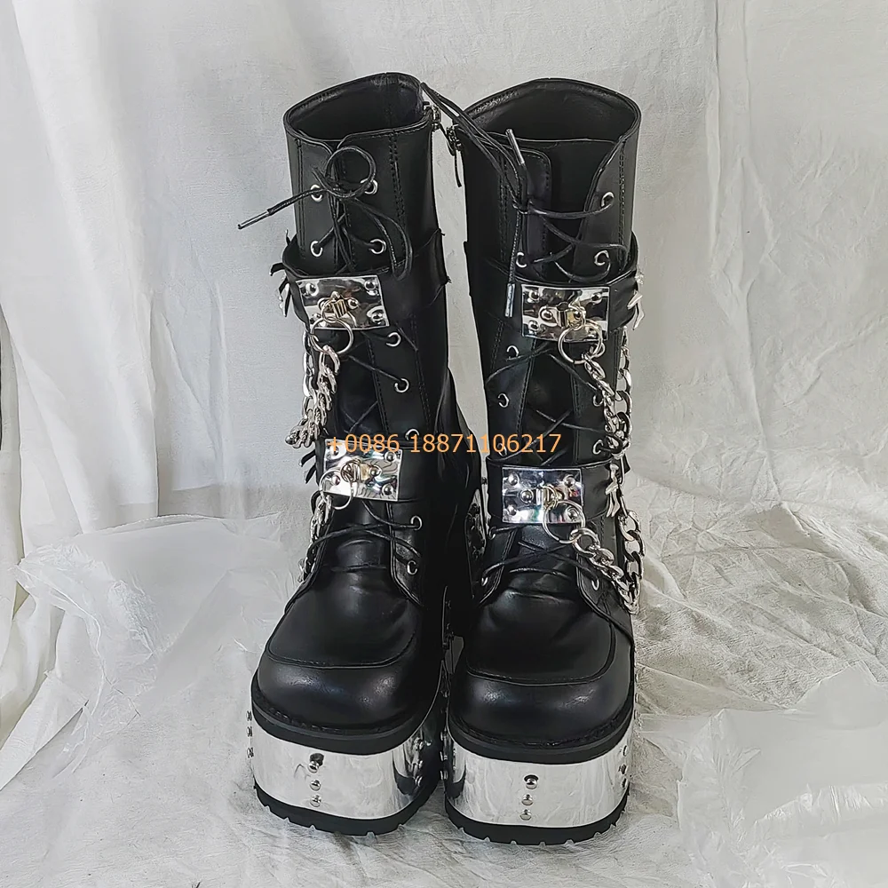 Cyberpunk Thick Sole Metal Chain Motorcycle Boots New Round Street Rock Thick Heel Knight Boots Fashion Ladies Y2K Casual Boots