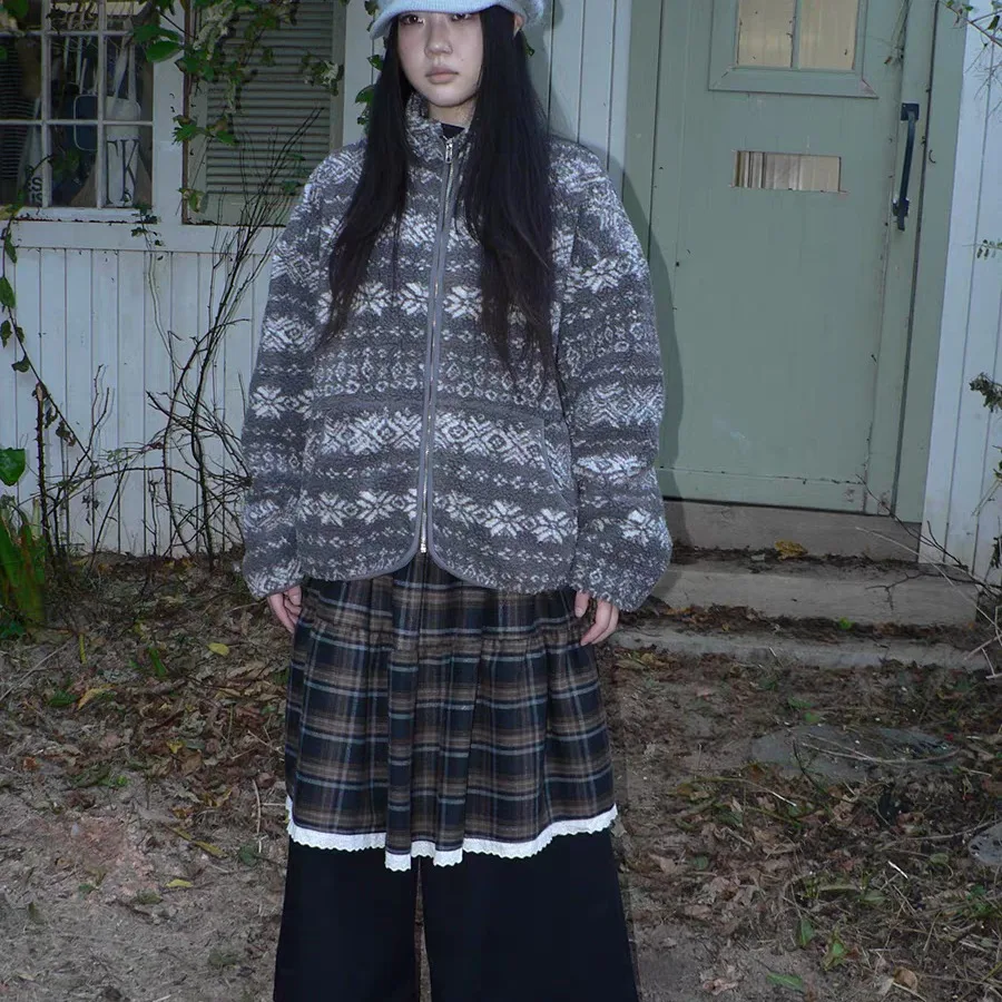 Ladies' Chic Winter Outerwear Loose Fit Collar Faux eepskin Woolen Long Sve Cotton Jaet Retro Fair Isle Pattern