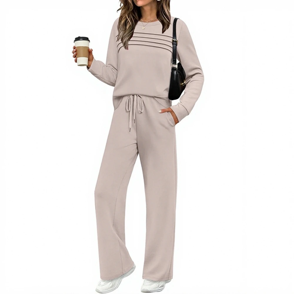 Women's Casual Long Sleeve round Neck Set Elastic Waist Wide Leg Pants Loose Fit Comfortable Outfit for Autumn Fashion