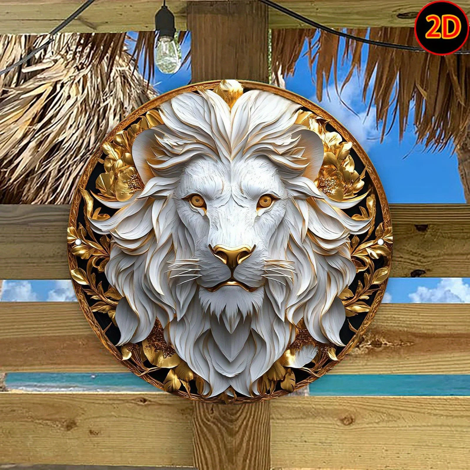 Letrero de cabeza de león vintage, arte de pared con acento dorado de diámetro para dormitorio, sala de estar, restaurante, bar al aire libre, decoración de animales majestuosa