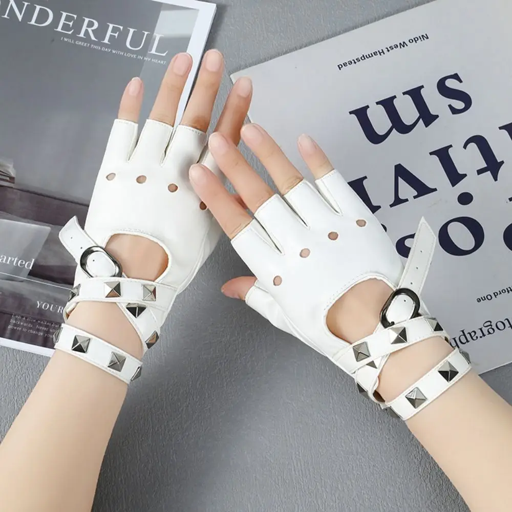 

Перчатки с половиной пальца в стиле панк, материал из искусственной кожи, полые мотоциклетные перчатки, длинный ремень, регулируемые перчатки для вождения, велоспорт на открытом воздухе