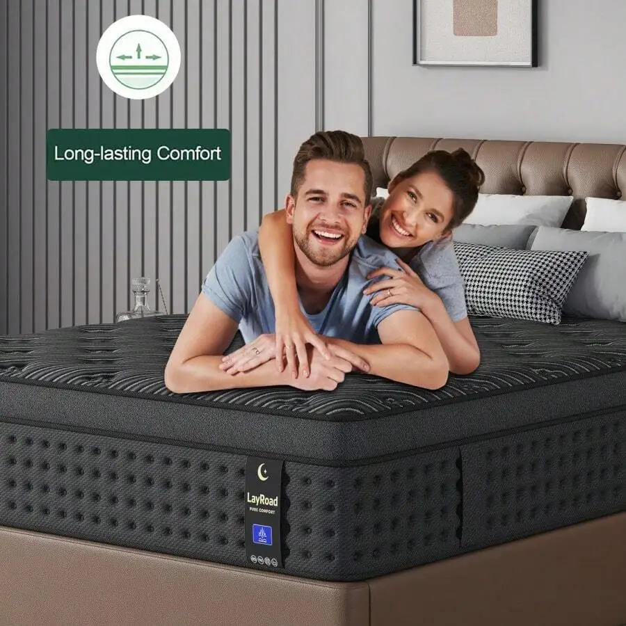 12-Inch Black Queen Mattress, Built-In Memory Foam And Individually Pocketed Springs, Available In Twin, Full, Queen And King Mattress Sizes, With Side Handles For Easy Movement, Fiberglass-Free, Odorless, Highly Breathable, All Day Comfort