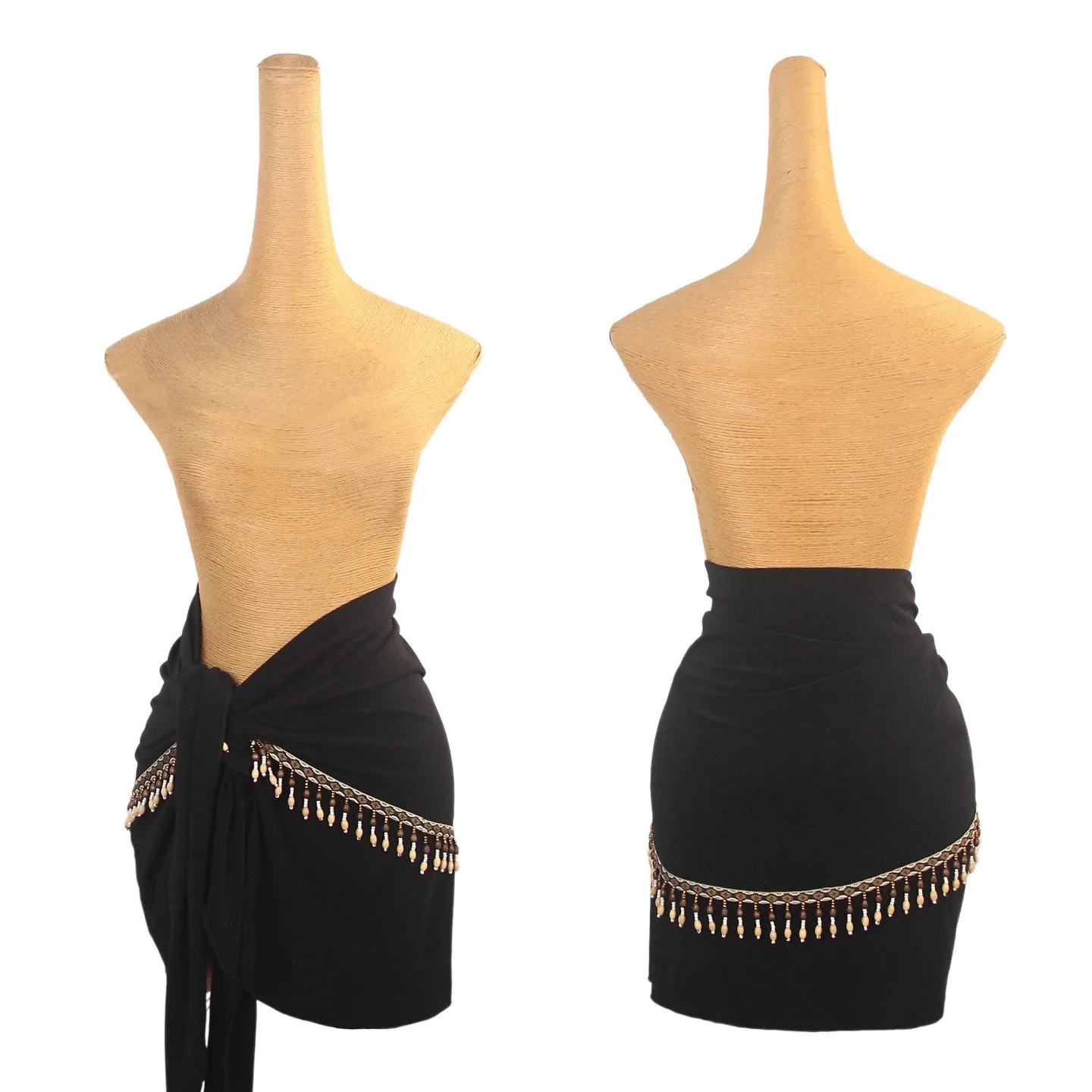 Falda corta envolvente de una pieza para baile latino, toalla que cubre la cadera, práctica de baile de medio cuerpo, Falda corta para mujer con cuentas de madera y borlas