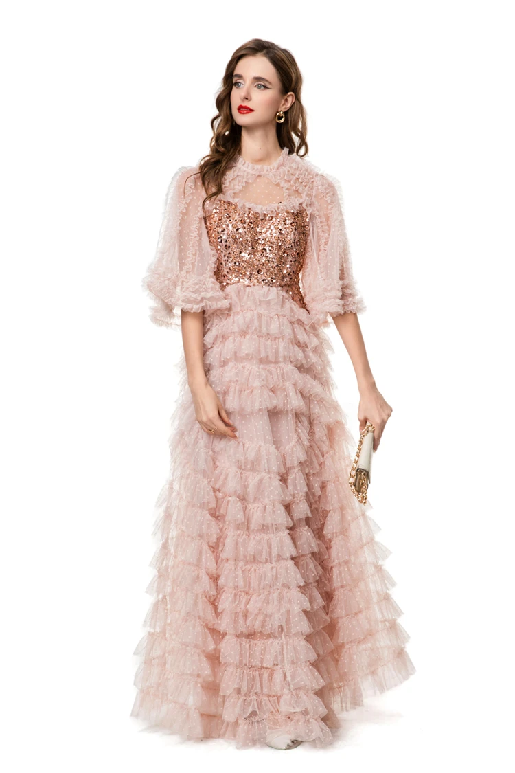 Vestidos femininos o pescoço mangas curtas em camadas babados lantejoulas designer elegante maxi festa de formatura vestido plus size S-4XL