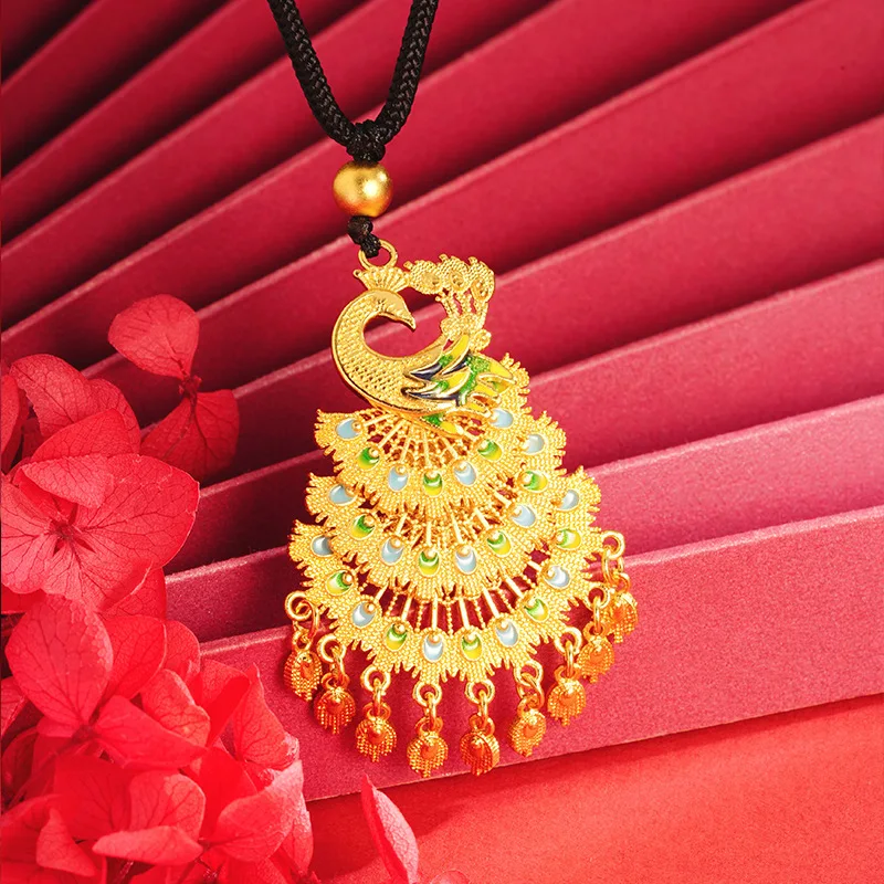 

Peacock Opening Screen Ethnic Style Colorful Enamel Retro Women's Cotton Rope Pendant Classical Jewelry
