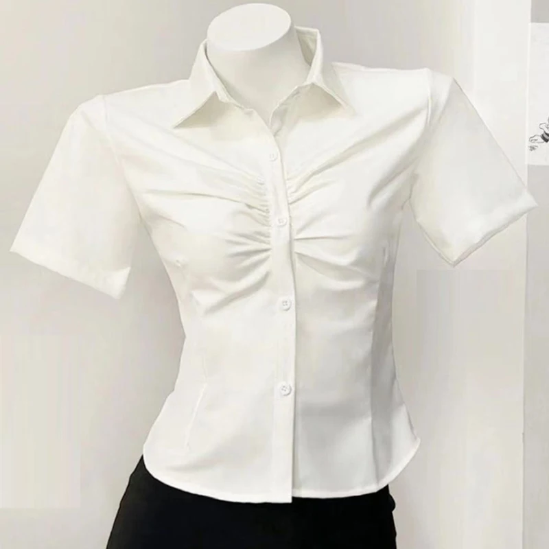 2024 Summer Women\'s Fashion Lace Up Ruched Slim Shirt Preppy Style Harajuku Kawaii Bow Sweet Blouse Y2K White Short Sleeve Tops