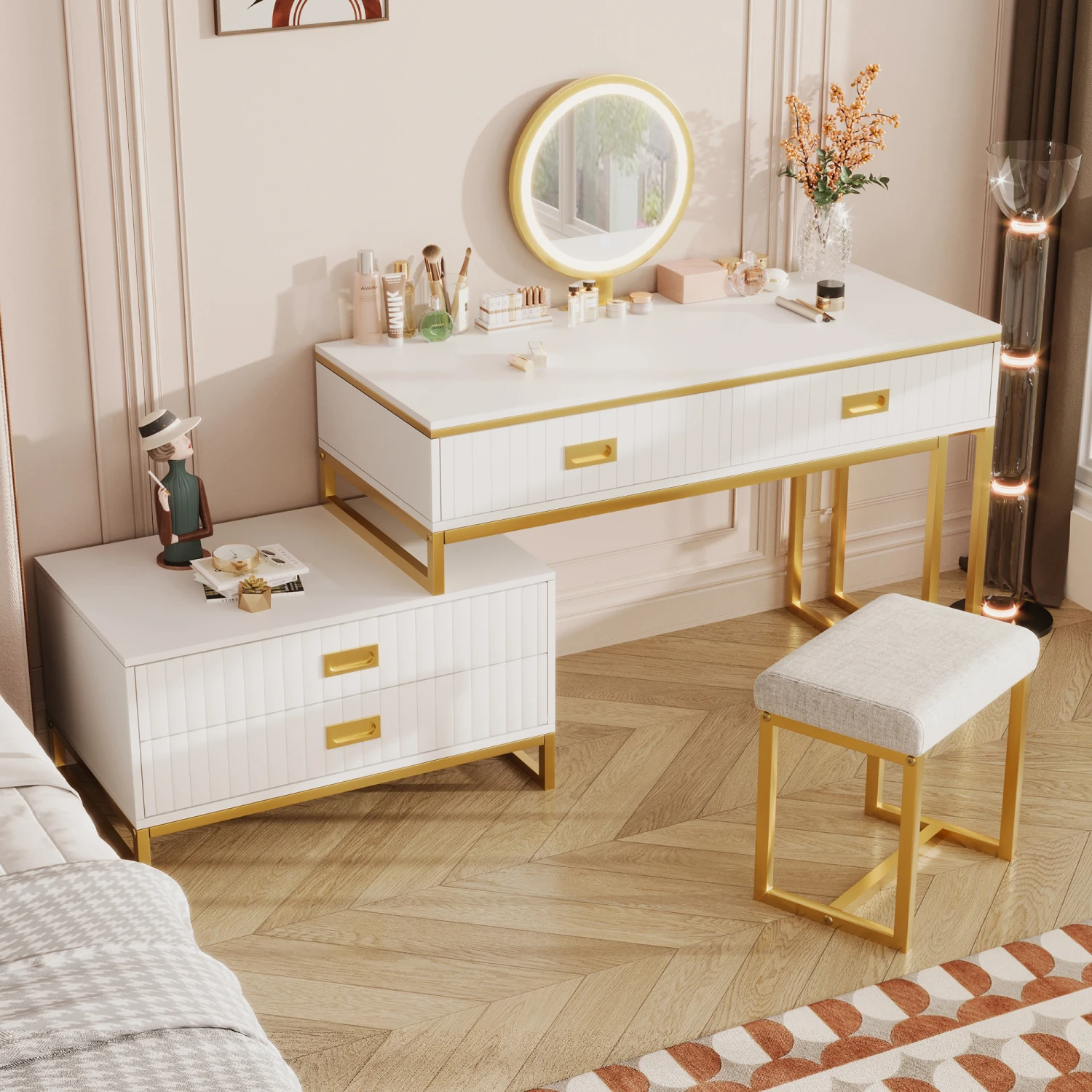 

GO Modern Style Vanity Table With Movable Side Cabinet And 4-Drawers, Large Size Dressing Table With Mirror and 3-colors LED Lig