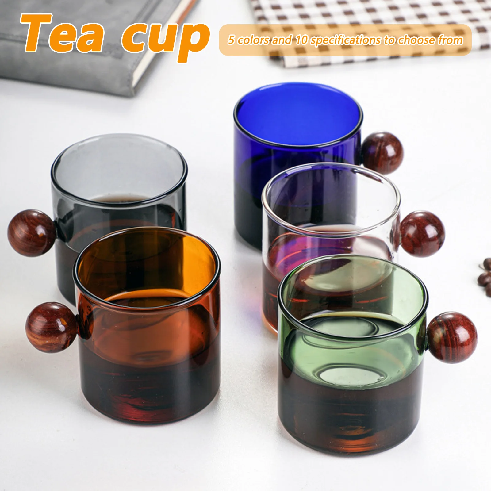 120ml/200ml Wooden Ball Handle Colored Coffee Mugs Reusable Hand Blown Glass Cup For Home Kitchen