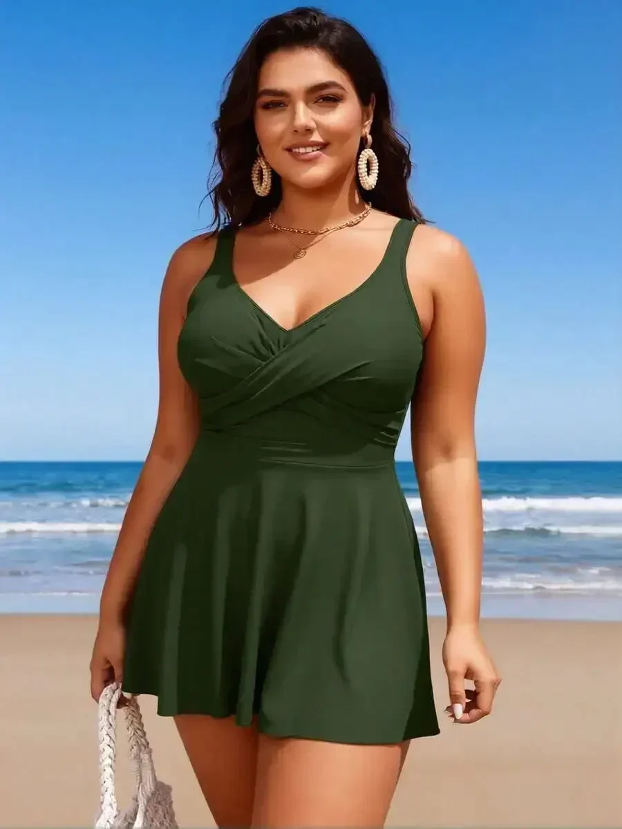 Green Flowy Skirted Swim Dress Tummy Control Modest Beach Swimsuit