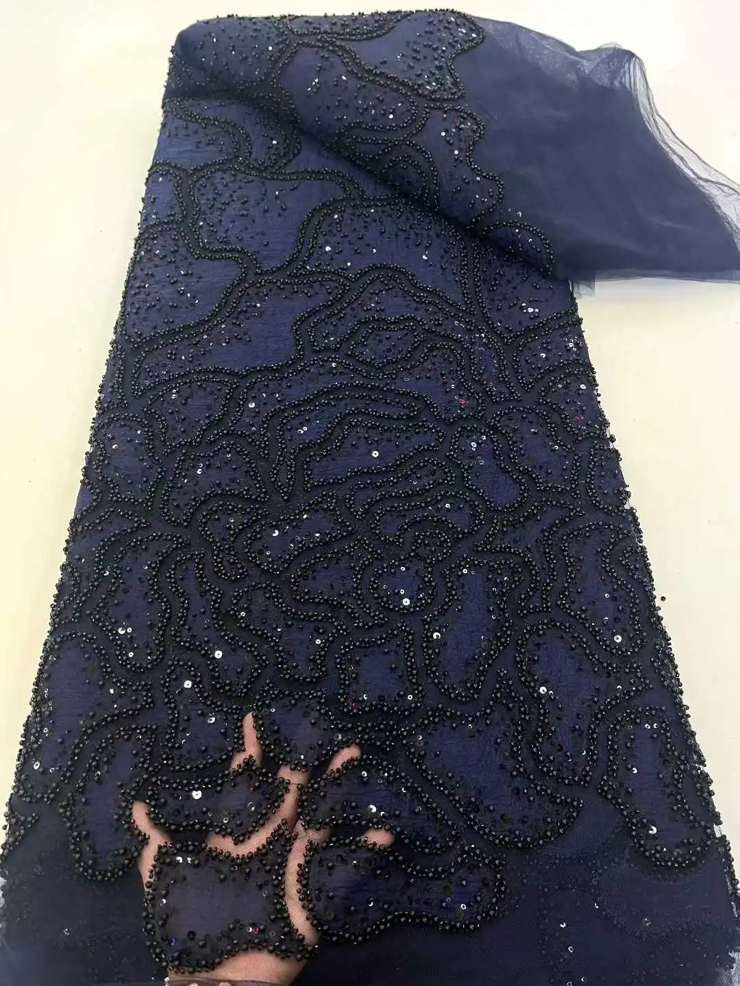 激安販売中！5ヤードのアフリカ製スパンコールビーズ付きレース、高品質刺繍入りフランス・ナイジェリア風チュールレース生地、ウェディングパーティードレス用